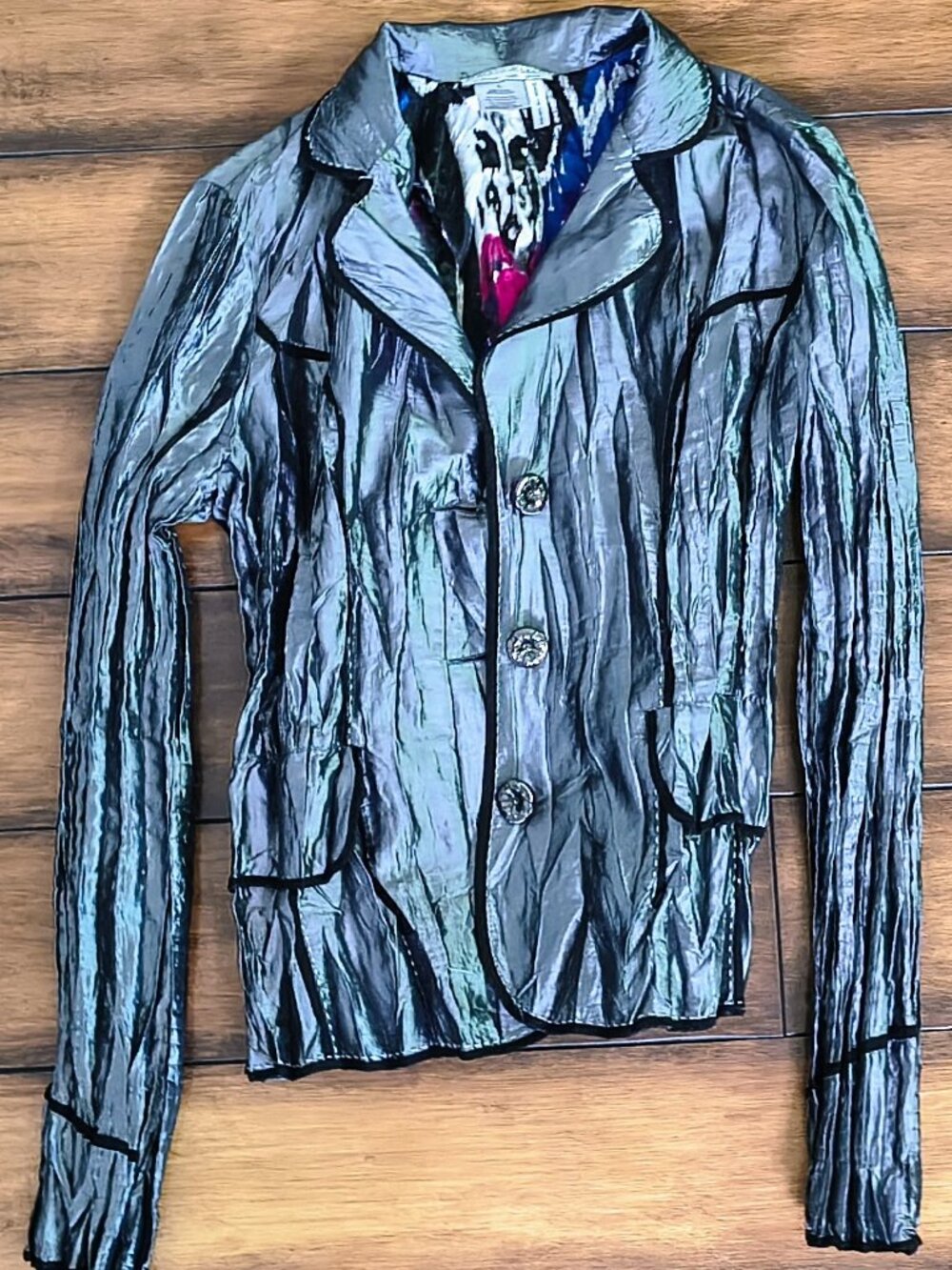 Alberto Makali Metallic Crinkle Blazer Jacket Sz L Y2K Peplum Statement Silver